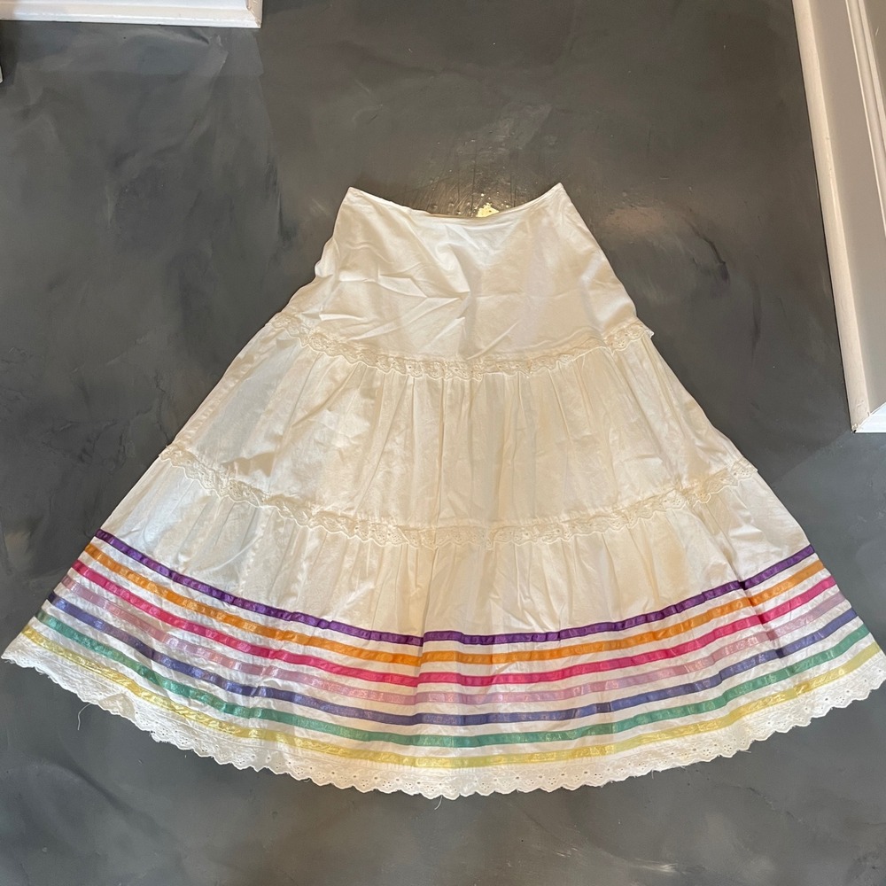 Soho Compagnie White Cotton Tiered Rainbow Ribbon Eyelet Lace Midi Skirt Size 6